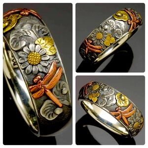 🆕 Vintage Style Dragonfly Sunflower Pattern Band Ring - Ornate - Silver Plated